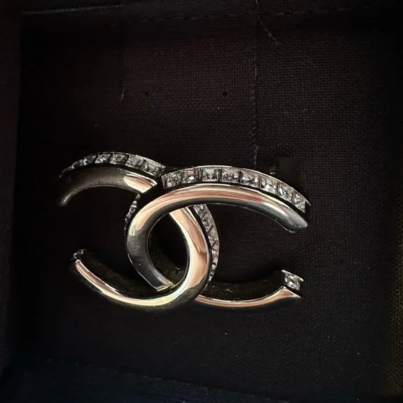 Chanel Silver Crystal Logo Brooch